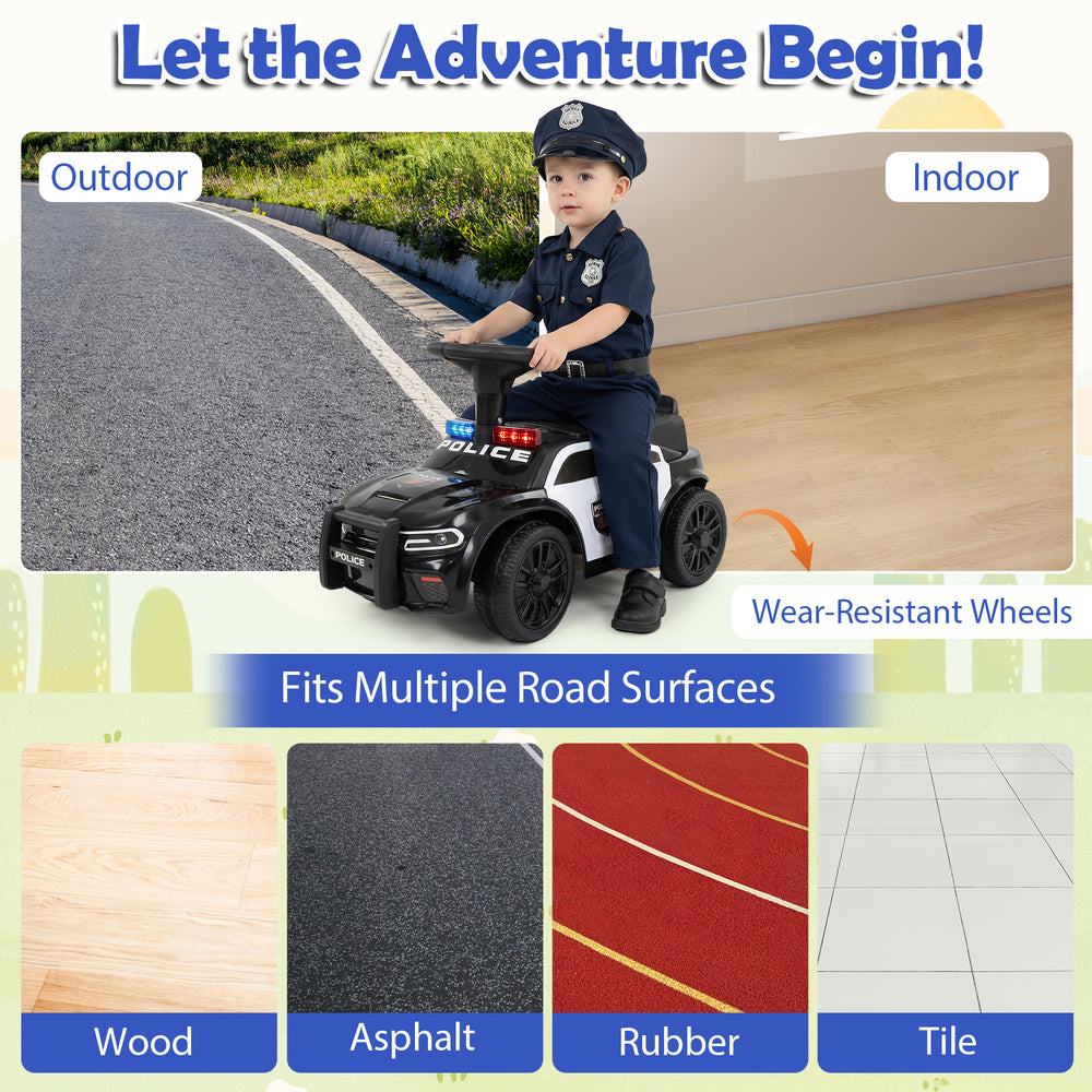 Toddler sliding car in black with steering wheel and under-seat storage, ideal for indoor and outdoor play on various.