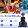 Toddler sliding car in black with steering wheel, under-seat storage, and police lights for engaging indoor and outdoor.