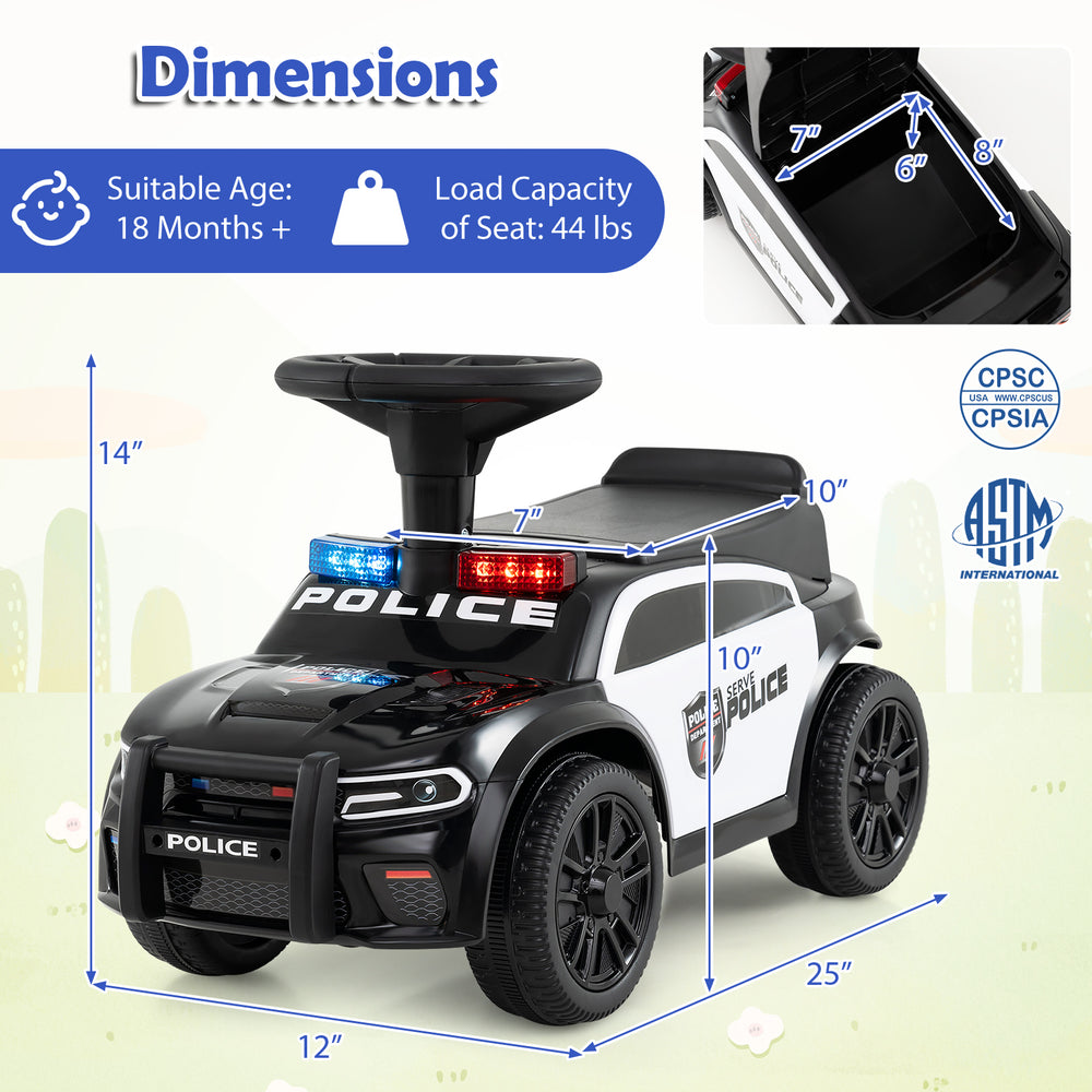 Toddler sliding car in black with steering wheel, under-seat storage, police lights, and sound features for fun play.