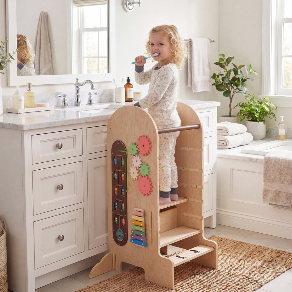 Toddler standing tower with adjustable height, colorful toys, and detachable chalkboard for safe, creative play.