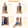 Toddler standing tower with adjustable height, slide, chalkboard, and colorful toys for versatile play and learning.