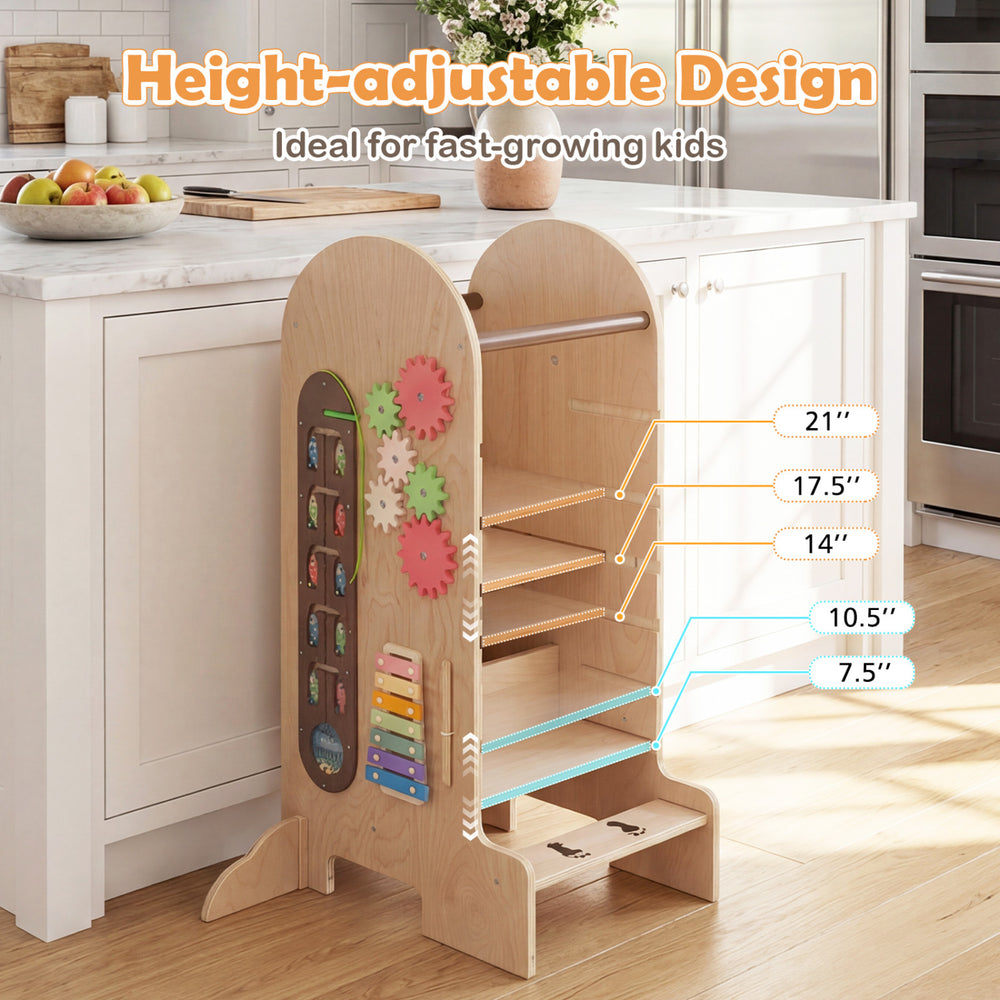 Toddler standing tower with adjustable height, featuring a chalkboard, slide, and colorful toys for creative play.