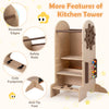 Toddler standing tower with adjustable height, safety rails, and detachable chalkboard for creative play and kitchen.