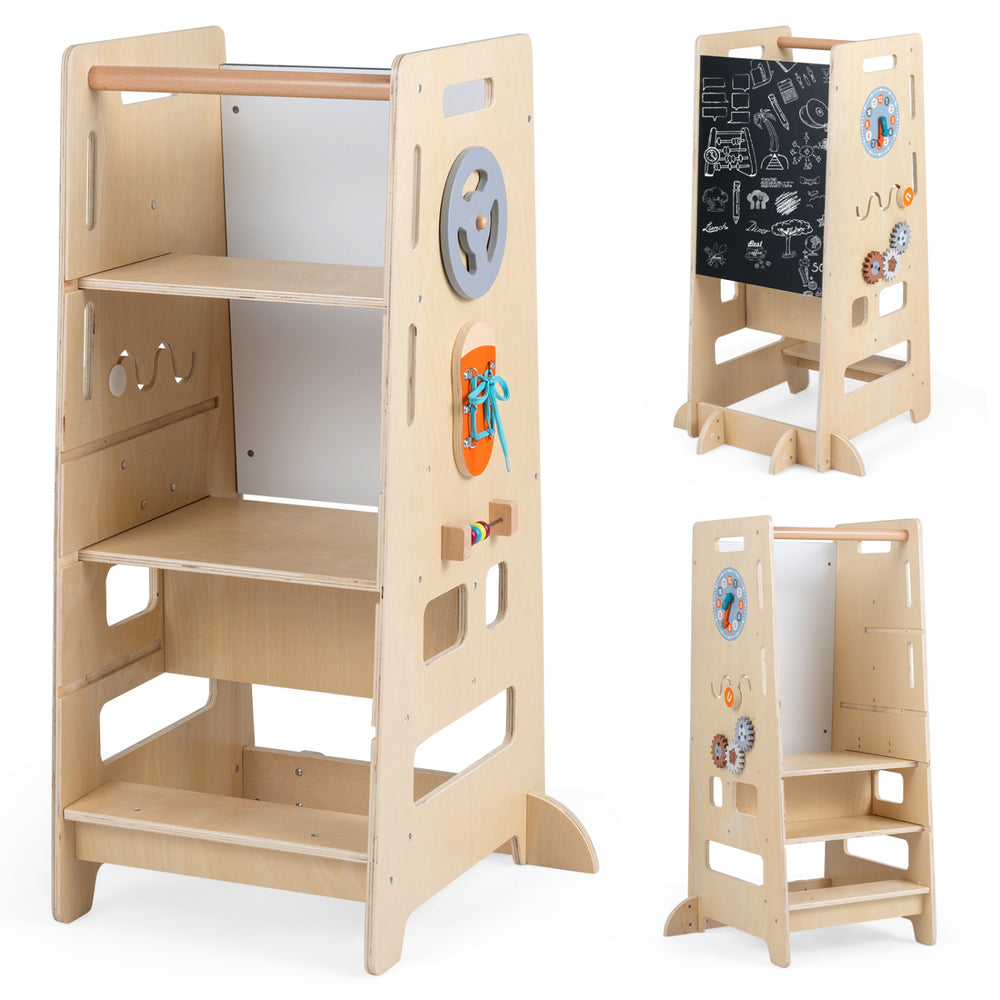 Toddler standing tower with adjustable height, blackboard, and sturdy beech wood for safe kitchen activities.