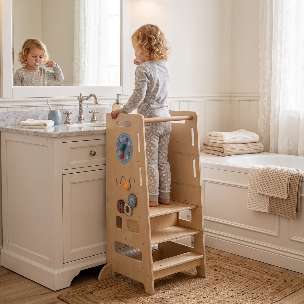 Toddler standing tower in natural wood with adjustable height, perfect for kitchen use and engaging activities.