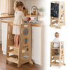 Toddler standing tower with adjustable height, featuring side carrying handles for easy movement and convenient use in kitchens.