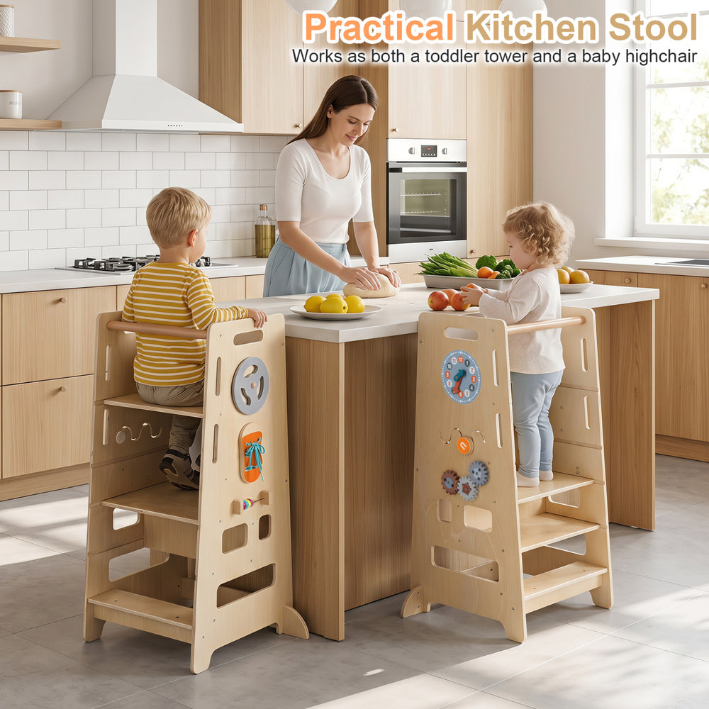 Toddler standing tower in natural wood, adjustable height for kitchen use, doubles as a highchair and activity center.