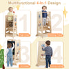 Toddler standing tower with adjustable height, serving as a high chair, art easel, and activity center for kids.