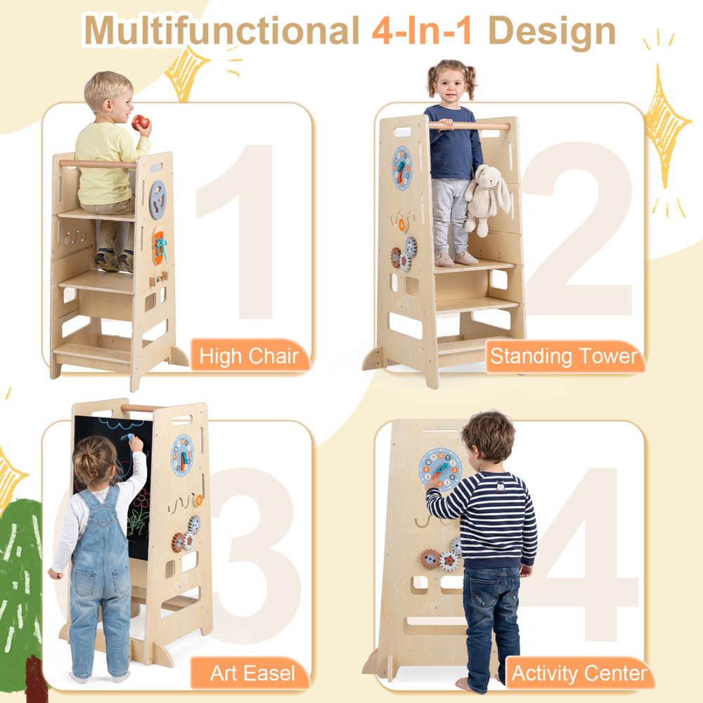 Toddler standing tower with adjustable height, serving as a high chair, art easel, and activity center for kids.
