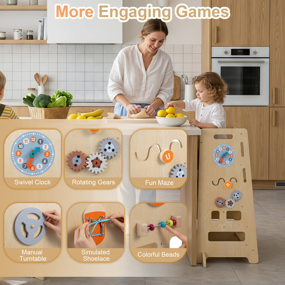 Toddler standing tower with adjustable height, featuring engaging games like a swivel clock and colorful beads for fun.