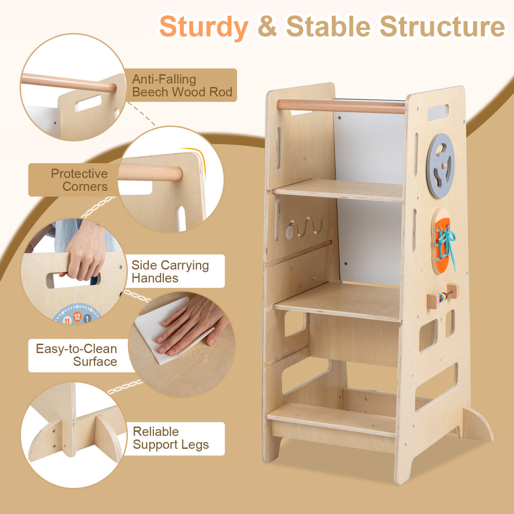 Toddler standing tower in natural wood with adjustable height, sturdy structure, and easy-to-clean surface for versatile use.