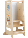 Toddler standing tower in natural wood with adjustable height, serving as a highchair and activity center for kids.