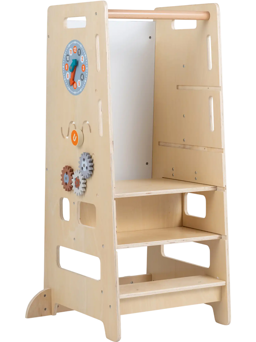 Toddler standing tower in natural wood with adjustable height, serving as a highchair and activity center for kids.