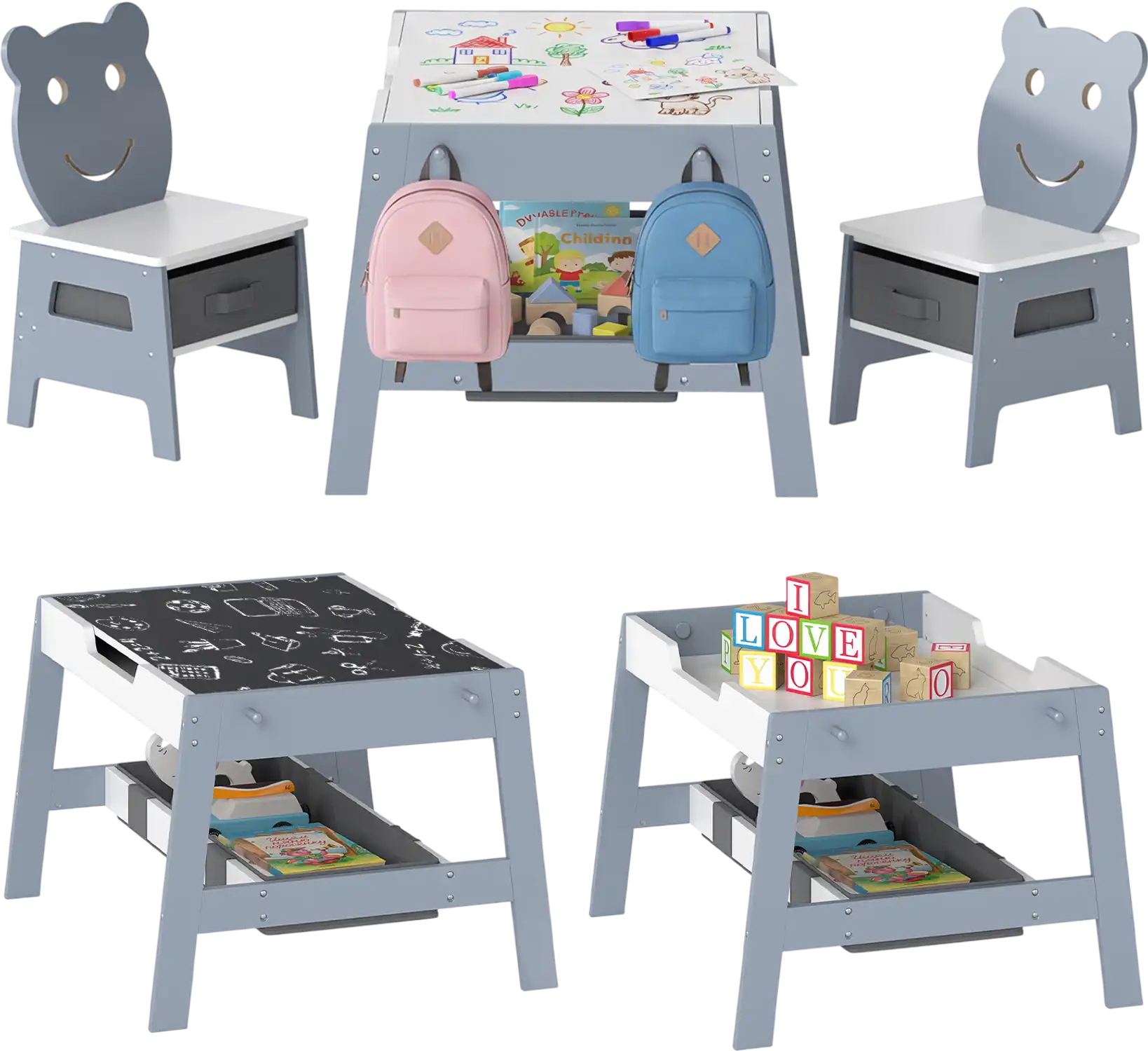 Costway 5-in-1 Toddler Art Desk Table & 2 Chairs Reversible Chalkboard Whiteboard 85870285 New