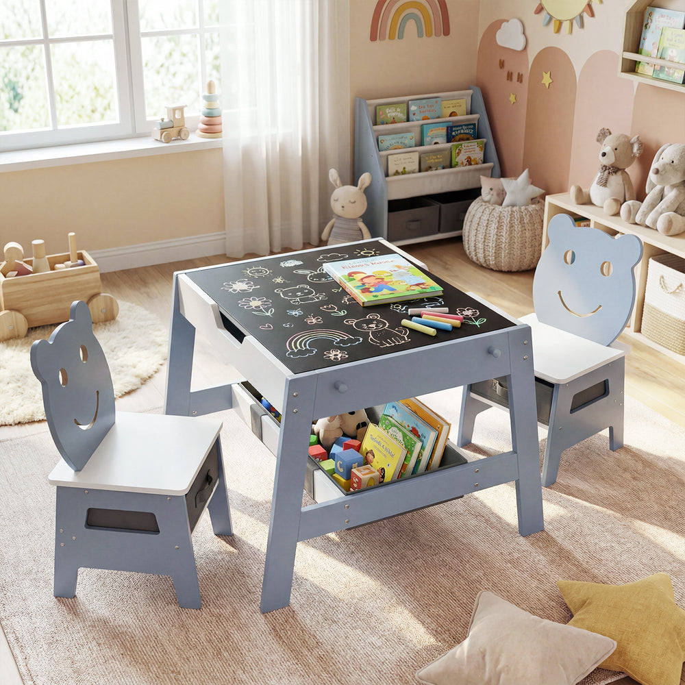 Toddler table and two bear-shaped chairs in grey with reversible chalkboard and whiteboard for creative play and.