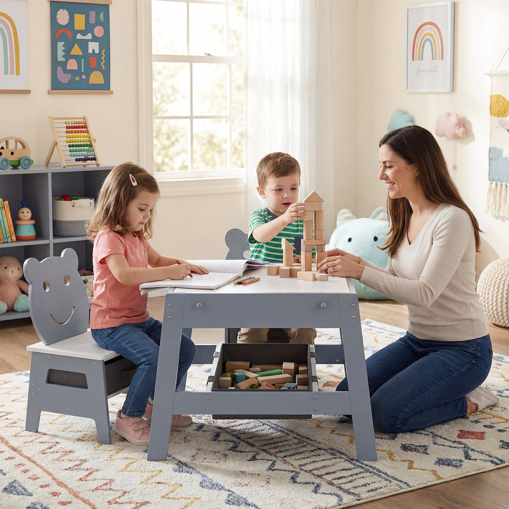 Toddler table set with bear-shaped chairs, featuring a reversible chalkboard and whiteboard for creative play.