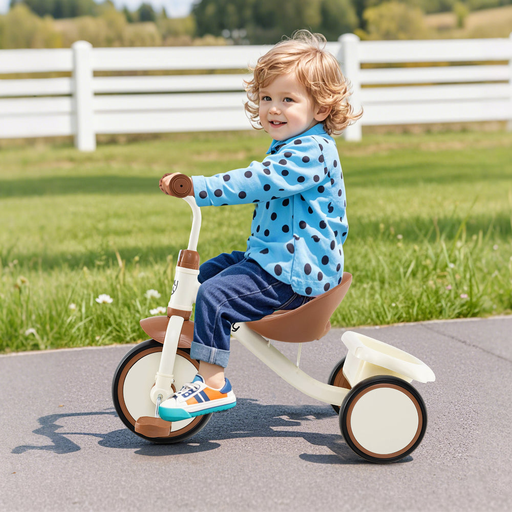 Toddler tricycle in beige with adjustable seat and rear basket, designed for kids aged 3-5 years for indoor and outdoor.