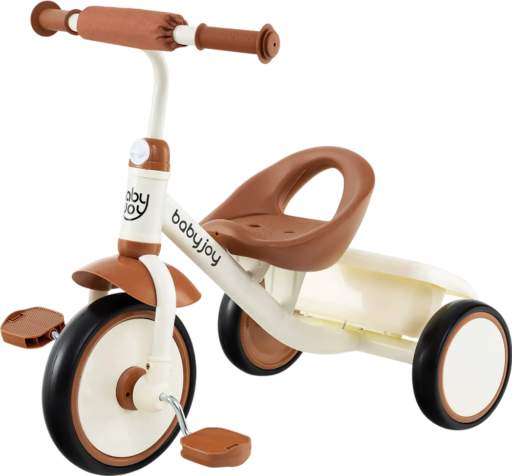 Toddler tricycle in beige with adjustable seat, all-terrain wheels, and rear storage basket for kids aged 3-5 years.