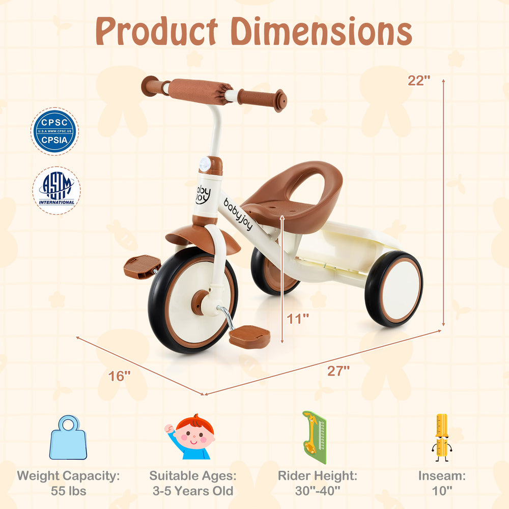 Toddler tricycle with adjustable seat, all-terrain wheels, and rear storage basket for kids aged 3-5 years old.