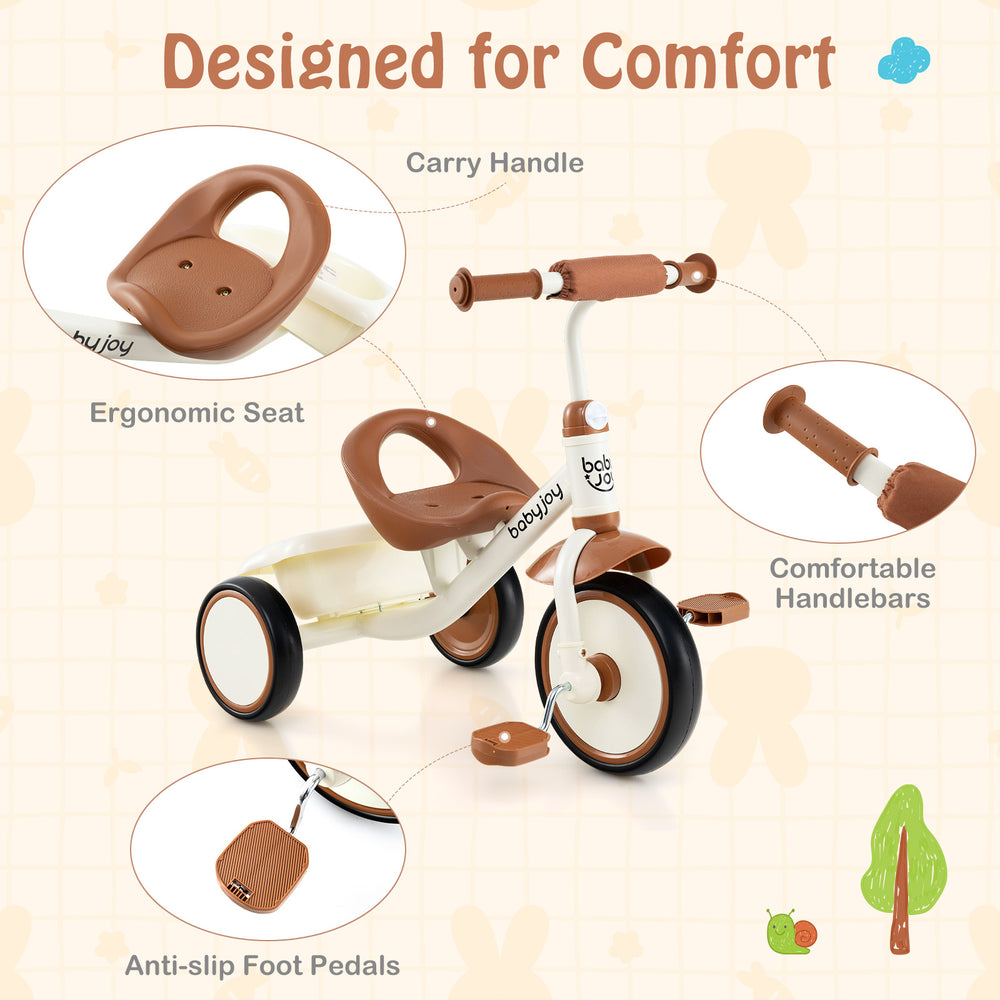 Toddler tricycle in beige with adjustable seat, ergonomic design, and rear basket for kids aged 3-5 years old.