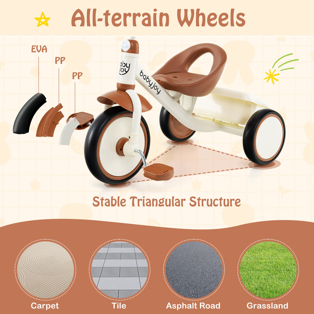 Toddler tricycle in beige with adjustable seat, all-terrain wheels, and rear basket for kids aged 3-5 years old.