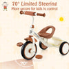 Toddler tricycle with 70° limited steering, adjustable seat, and rear basket for kids aged 3-5 years, in beige.