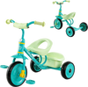 Toddler tricycle in green with removable rear storage basket, designed for children ages 2-5 years for stable riding.