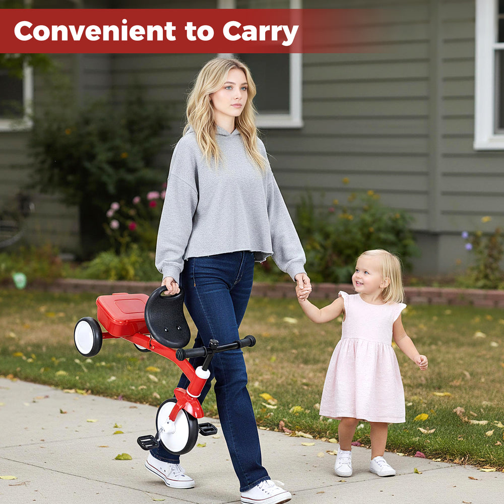 Toddler tricycle with glowing wheels, adjustable seat, and rear storage bin, ideal for indoor and outdoor playtime.