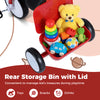 Rear storage bin with lid on a toddler tricycle, ideal for organizing toys and snacks during playtime.