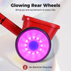 Glowing rear wheel of a toddler tricycle with adjustable seat, enhancing fun for indoor and outdoor playtime.