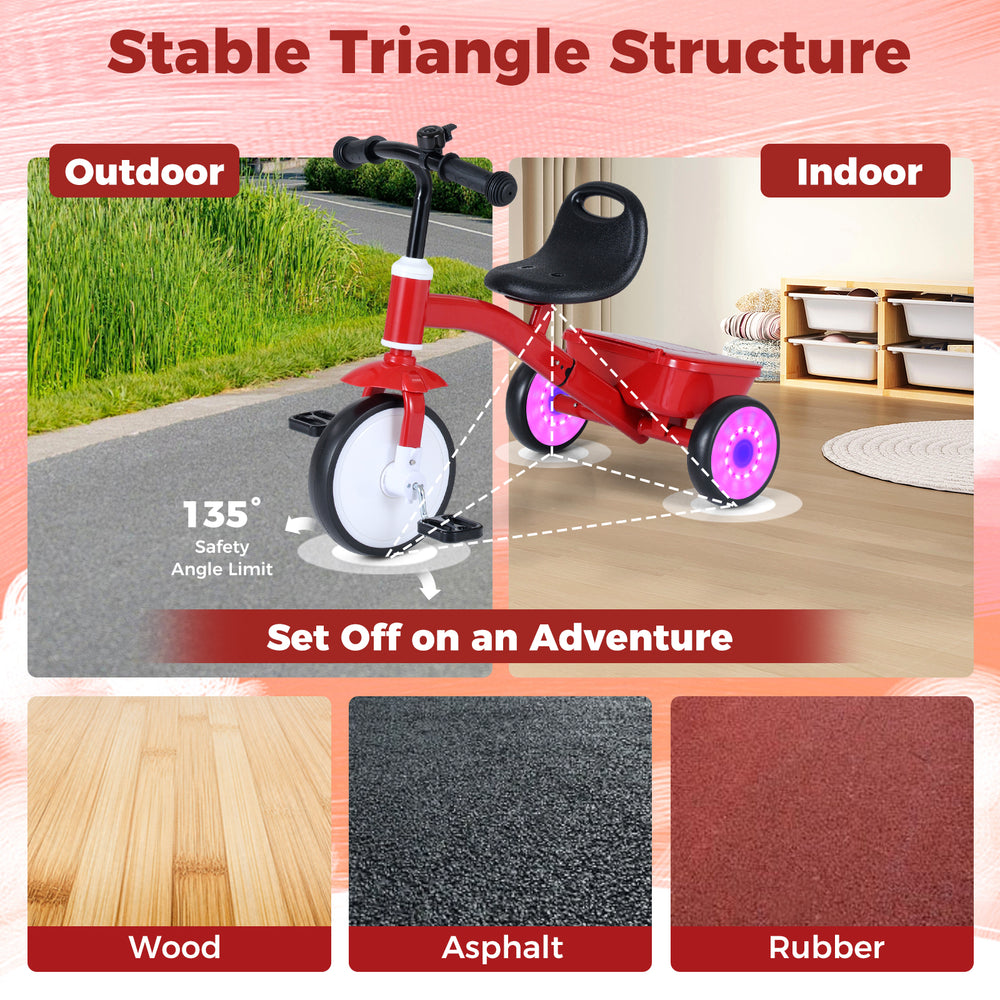 Toddler tricycle with glowing wheels, adjustable seat, and stable triangle structure for indoor and outdoor adventures.