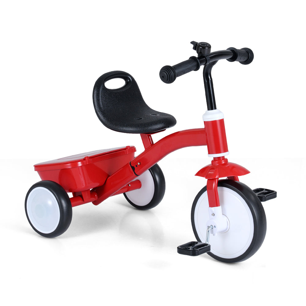 Toddler tricycle in red with glowing wheels, adjustable seat, and rear storage bin for indoor and outdoor play.