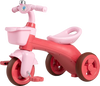 Toddler tricycle in pink with limited steering, front basket, bell, and ergonomic seat for kids aged 3-5 years.
