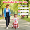 Pink toddler tricycle with lightweight design and carry handle, featuring a bell and front basket for toy storage.