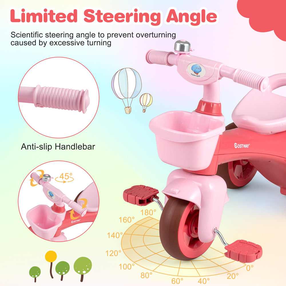 Toddler tricycle in pink with anti-slip handlebars, limited steering angle, and front basket for toy storage.