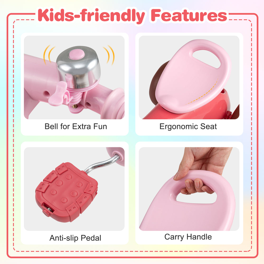 Toddler tricycle in pink with ergonomic seat, anti-slip pedals, and bell, designed for kids aged 3-5 for fun rides.