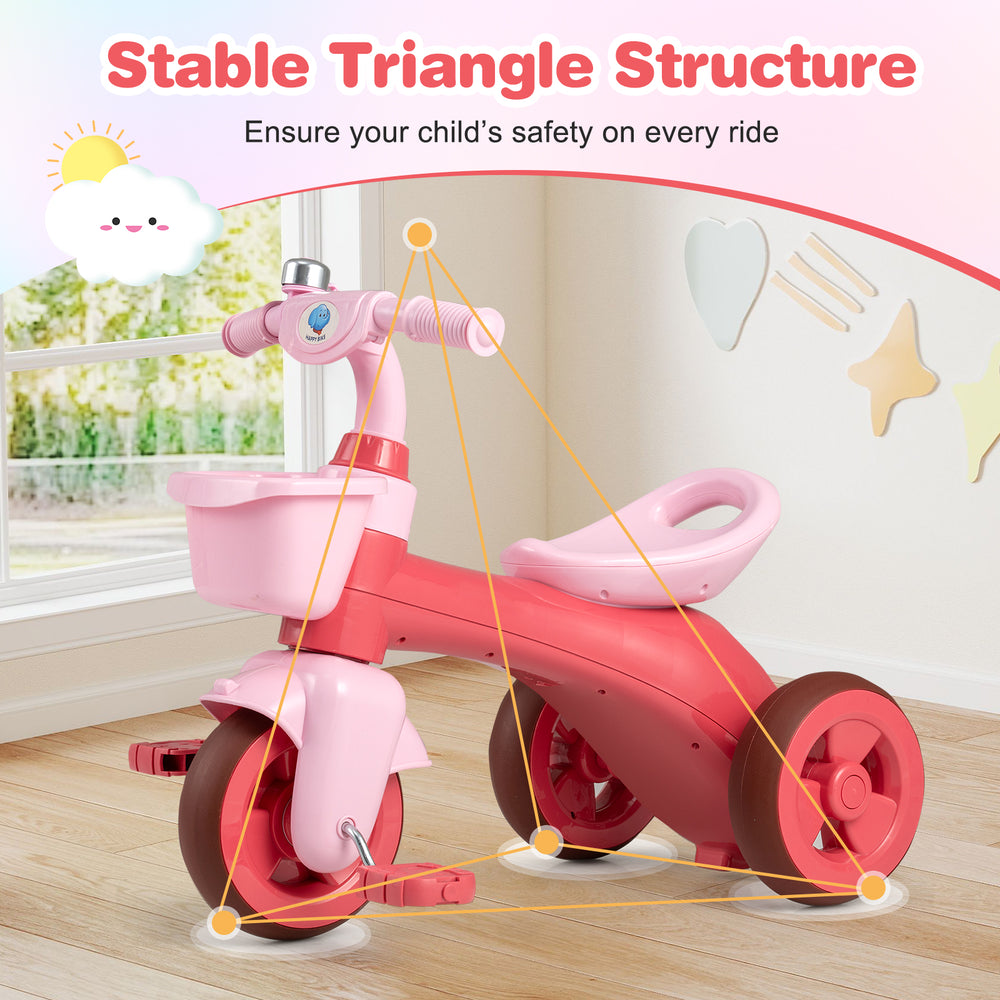 Toddler tricycle in pink with front basket, bell, and anti-slip handlebars for safe rides, suitable for ages 3-5.