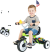 Toddler tricycle in green with glowing wheels, adjustable seat, and storage basket for indoor and outdoor fun.