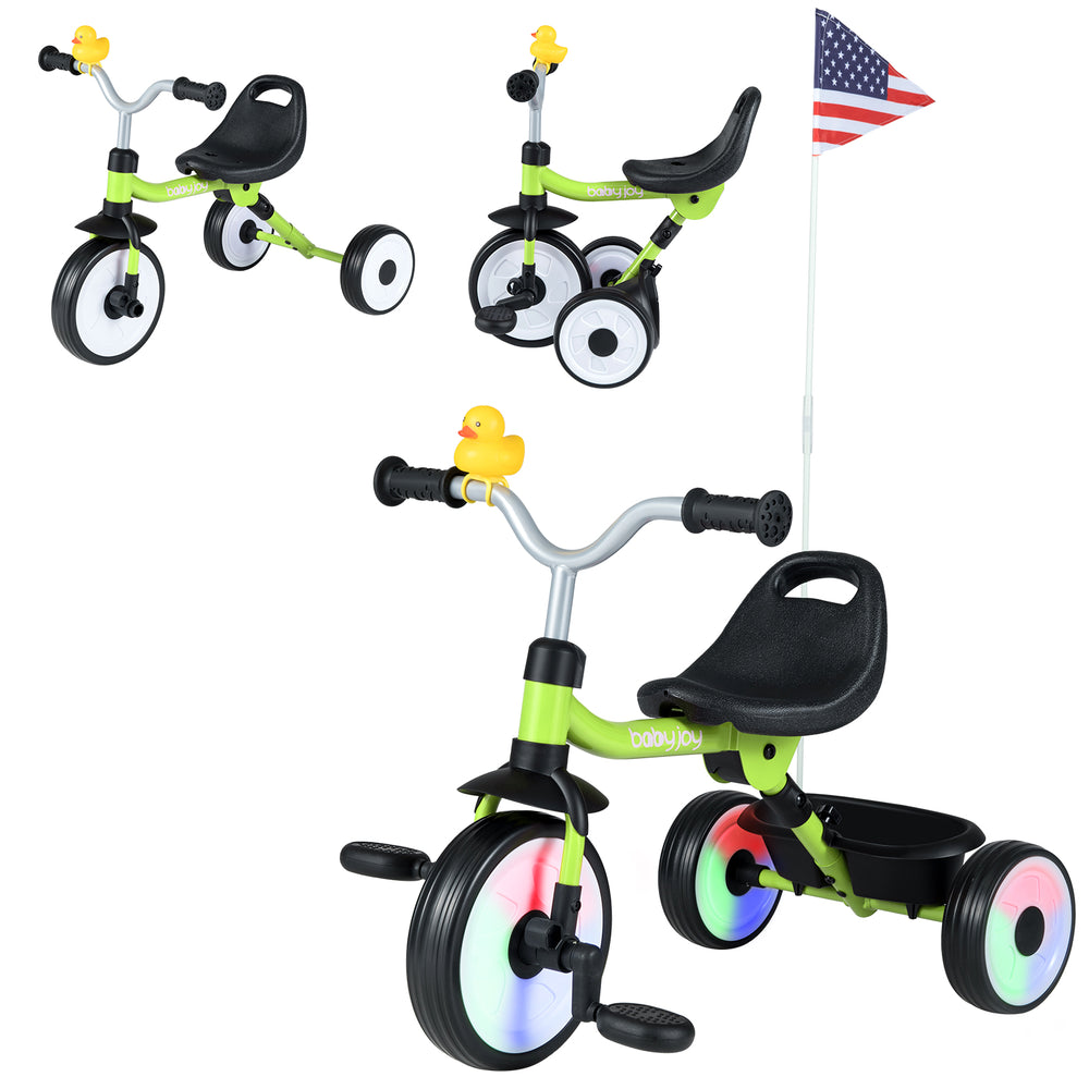 Toddler tricycle in green with glowing wheels, adjustable seat, and storage basket, perfect for indoor and outdoor fun.