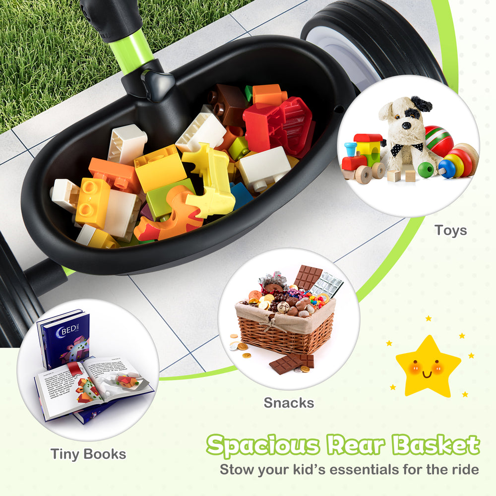 Spacious rear basket of the green toddler tricycle, perfect for stowing toys and snacks during rides.