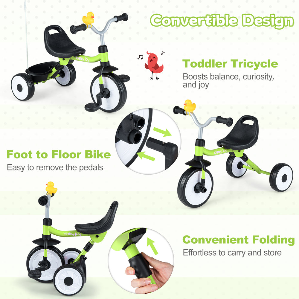 Toddler tricycle in green with glowing wheels, adjustable seat, and storage basket, ideal for indoor and outdoor fun.