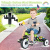 Toddler tricycle in green with glowing wheels, triangle carbon steel structure, and storage basket for safe rides.