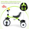 Toddler tricycle in green with a 3-position adjustable seat and storage basket, designed for safety and comfort.