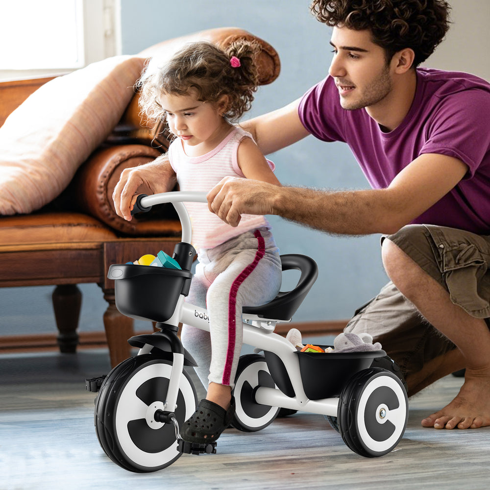 Toddler tricycle with adjustable seat and storage baskets, designed for ages 1.5-5 years, suitable for indoor and.