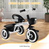 Toddler tricycle in white with adjustable seat, triangular structure, and storage baskets for ages 1.5-5 years.