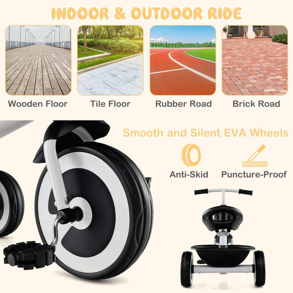 Toddler tricycle with adjustable seat and storage baskets, featuring smooth EVA wheels for indoor and outdoor use.