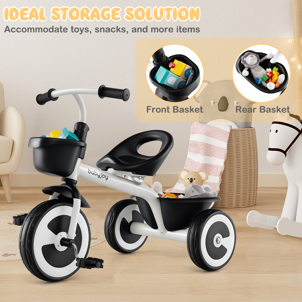 Toddler tricycle with adjustable seat and front and rear storage baskets for toys, suitable for ages 1.5-5 years.