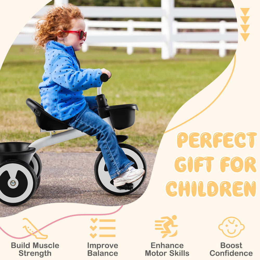 Toddler tricycle with adjustable seat and storage baskets, designed for children aged 1.5-5 years, perfect for outdoor.