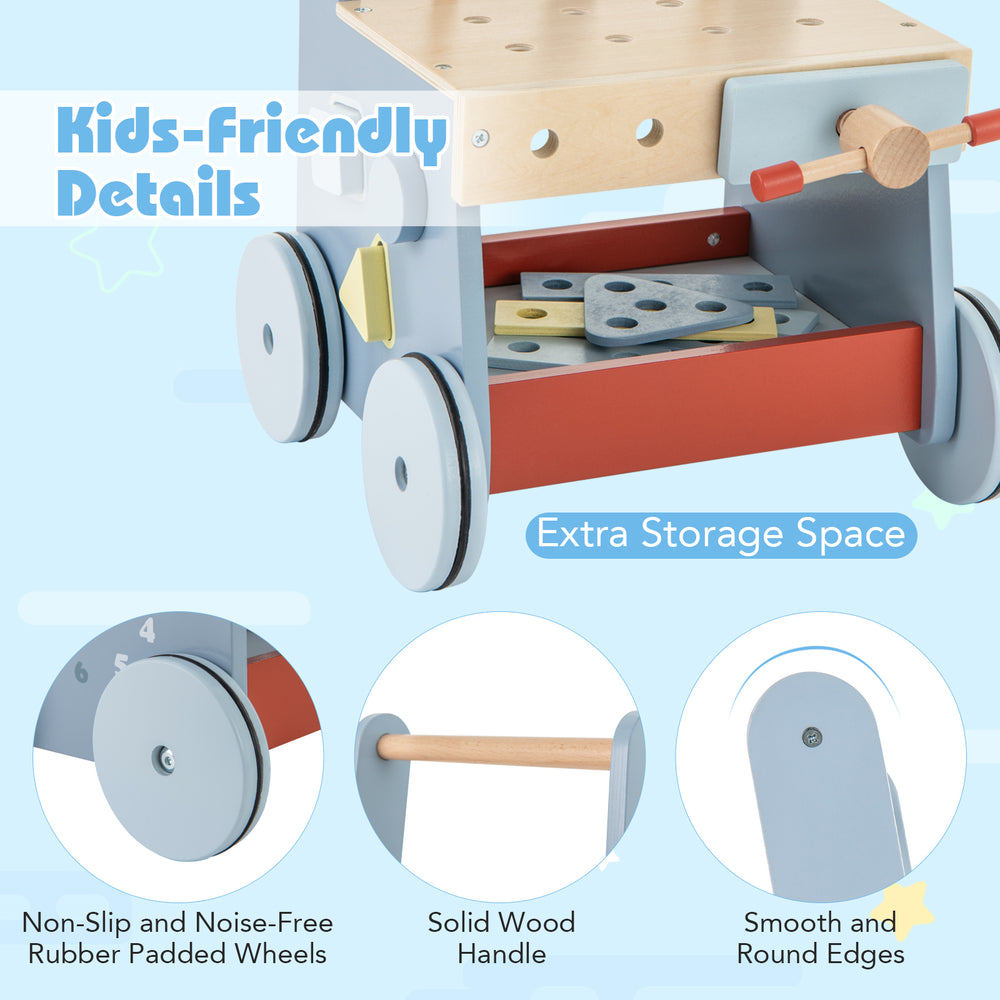 2-in-1 toddler wooden push walker with storage, rubber padded wheels, and smooth edges for safe play and creativity.