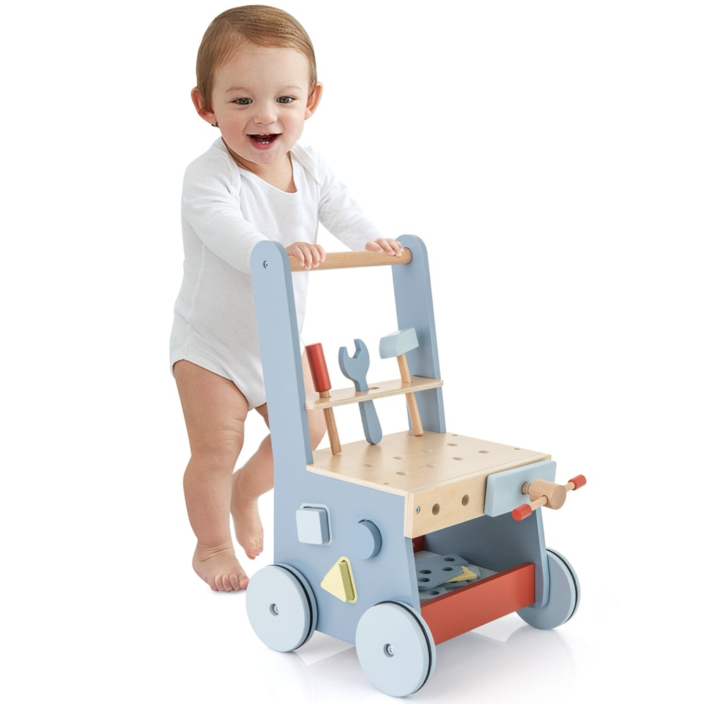 Toddler wooden push walker with activity center, featuring tools, shape sorters, and a stable 4-point base for safe.